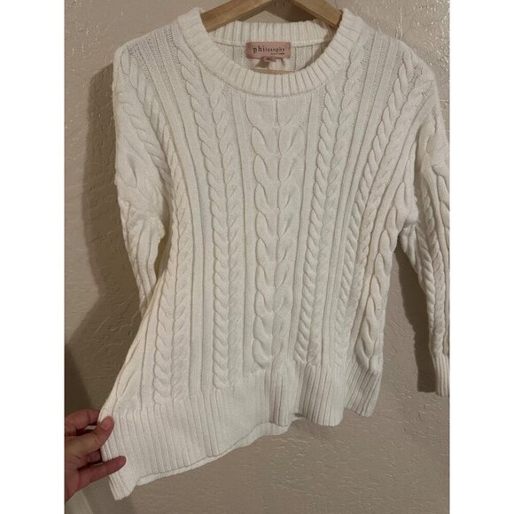 Philosophy Ivory Crewneck Winter Cable Knit Fisherman Sweater - Picture 4 of 8